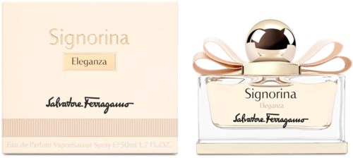 Hajuvesilasi ja laatikko, molemmat nimetty 'Signorina Eleganza' ja valmistaja Salvatore Ferragamo.