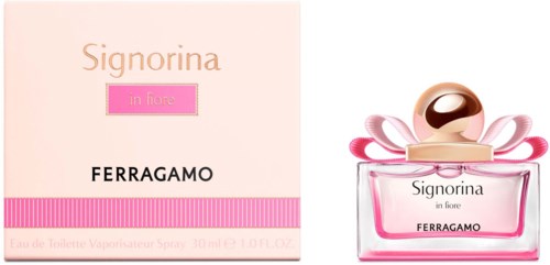 Signorina in Fiore parfumtipullo ja rasia, jossa on pinkkiä korostuksia ja nauhakuviota.