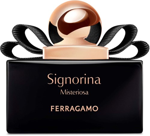 Hajuvesilasia, jossa on musta ja kultainen muotoilu, pyöreä kultainen korkki ja etiketti "Signorina Misteriosa Ferragamo."