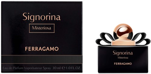Näyttää Ferragamon Signorina Mysteriosa -hajuvesipakkauksen ja pullon, mustavalkoisella suunnittelulla ja rusetillä.