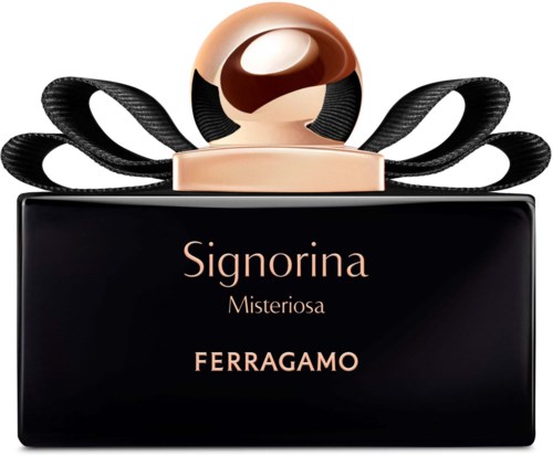 LUXUSINEN HUPPU, jossa on musta laatikko, vaaleanpunainen korkki ja nauha, nimeltään Signorina Misteriosa Ferragamo.