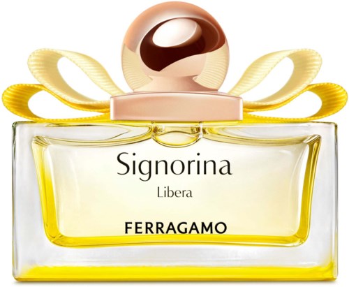 Hajuvesipullo, jossa vaaleanpunainen kansi, kultainen nauha ja etiketti 'Signorina Libera Ferragamo'.