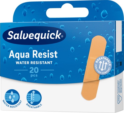 Eine Packung mit 20 wasserfesten, atmungsaktiven Pflastern von Salvequick, mit blautem Design und Wassertropfen.