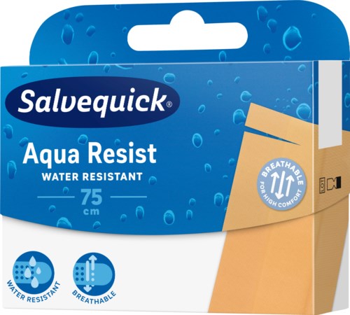 Eine blaue und weiße Verpackung zeigt 'Salvequick Aqua Resist', wasserabweisend, 75 cm, atmungsaktiv, mit Wassertropfen-Design.