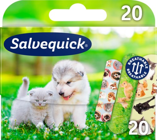 Verpackung von Salvequick Pflastern mit Tiermotiven, atmungsaktives Material, 20 Stück, zeigt Welpen und Kätzchen.