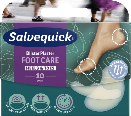 Ein Paket Fußpflege-Pflaster für Fersen und Zehen, 10 Stück, zeigt einen Fuß mit Pflaster an der Ferse.