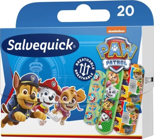 Verpackung für Kinderverbände zeigt Charaktere von Paw Patrol mit bunten Binden mit Tierhelden.