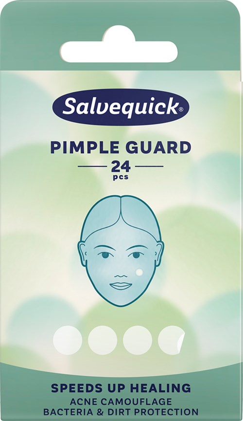 Eine Packung mit 24 Salvequick Pimple Guards gegen Akne und Hautschutz, mit Gesichtssymbol und vier Schutzstücken.