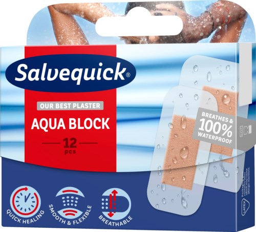 Packung mit 12 Aqua Block Pflastern, wasserdicht, atmungsaktiv, schnelle Heilung bei kleineren Schnittwunden.