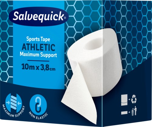 Eine Schachtel Salvequick Sporttape, maximale Unterstützung, 10 m lang und 3,8 cm breit, mit Unterstützungs- und Elastizitätsikonen.