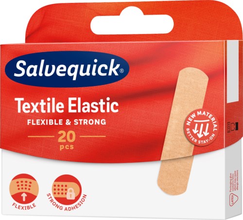 Packung mit 20 textile Elastikverbänden, flexibel und stark, mit starker Haftung, in Rot und Weiß.