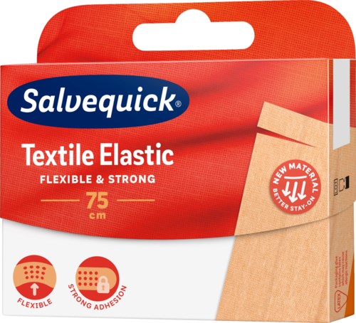 Verpackung für Textil-Elastik, 75 cm lang, flexibel und stark, mit starker Haftung. Marke: Salvequick.