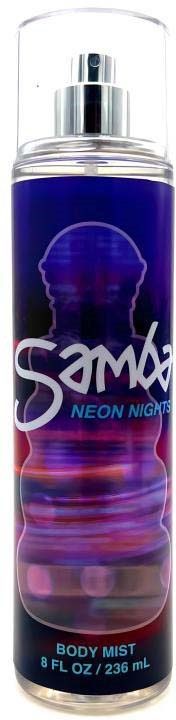 Kehyspraypullo nimeltä 'Samax Neon Nights' tummalla taustalla ja värikkäällä suunnittelulla.
