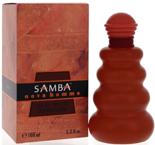 Punainen kaareva hajuvesipullo ja ruskea laatikko, jossa lukee 'Samba Nova Homme', miehen tuoksu.