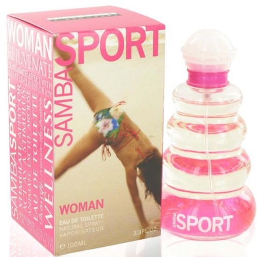 Värikäs hajuvesipullo ja pinkki laatikko, jossa on nainen venyttelee. Laatikossa lukee 'Woman' ja 'Sport'.