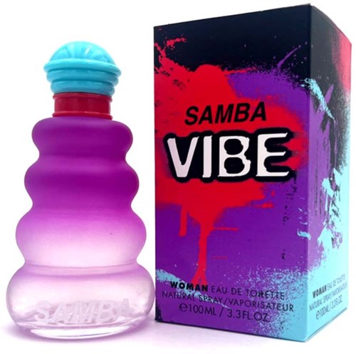Värikäs hajuvesipullo ja laatikko, joissa kirkkaita maalaustahroja, nimeltään 'SAMBA VIBE' naisille, 100ml.