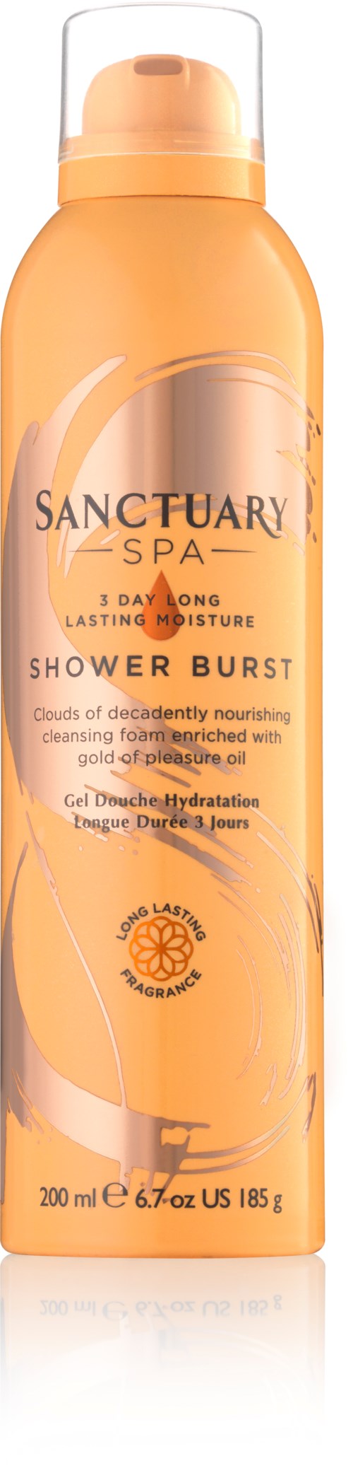 Eine lange orange Duschgel-Flasche mit Etikett und Deckel, gekennzeichnet Sanctuary Spa Shower Burst für anhaltende Feuchtigkeit.