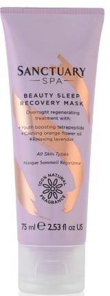 Lila Tube mit Bezeichnung Sanctuary Spa Beauty Sleep Recovery Mask, 75 ml Inhalt.