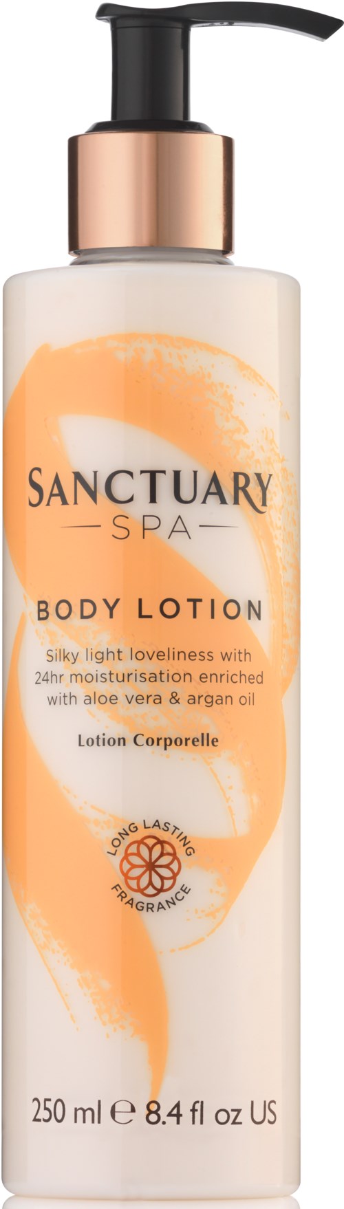 Eine Lotionflasche mit Pumpaufsatz, gekennzeichnet mit Sanctuary Spa Body Lotion, 250 ml, mit hellorangefarbenem und weißem Design.