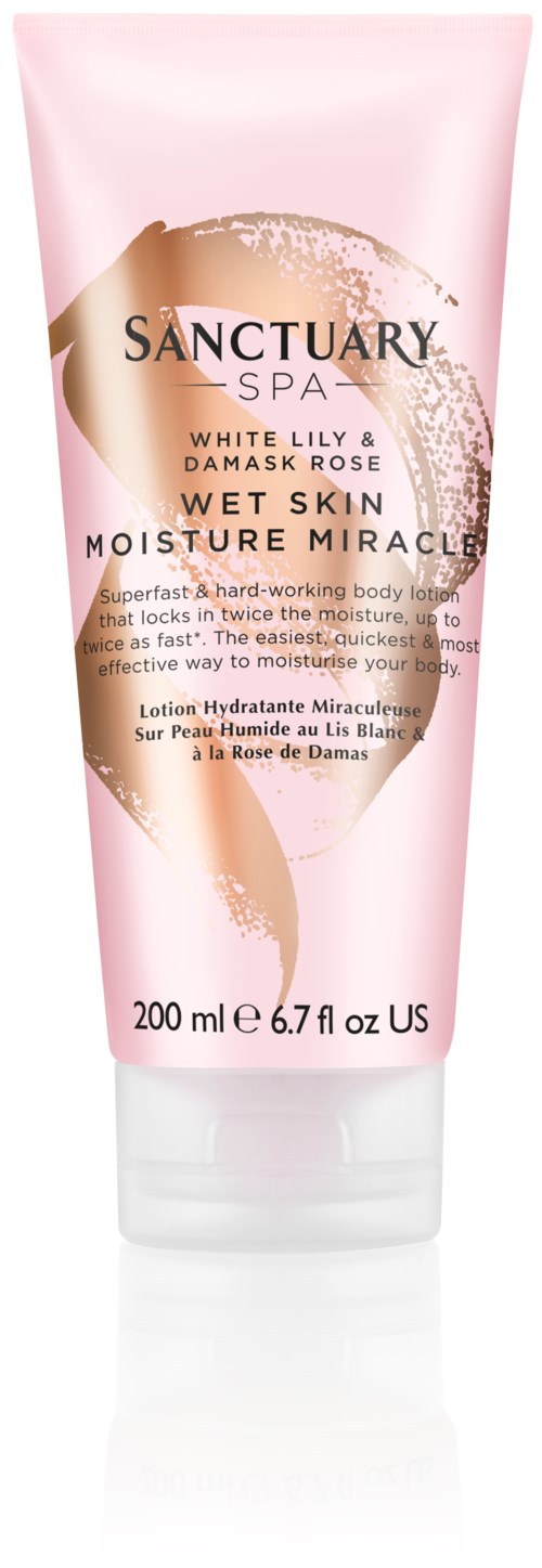 Eine pinke Tube mit Sanctuary Spa Lotion, Duft nach weißer Lilie und Damask Rose, für nasse Haut, 200 ml.