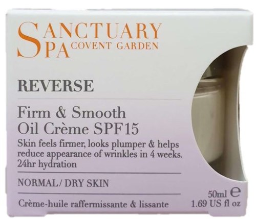 Iholle kerma laatikossa, merkiltä Sanctuary Spa, kiinteälle ja sileälle iholle SPF 15:llä, normaalille/kuivalle iholle.