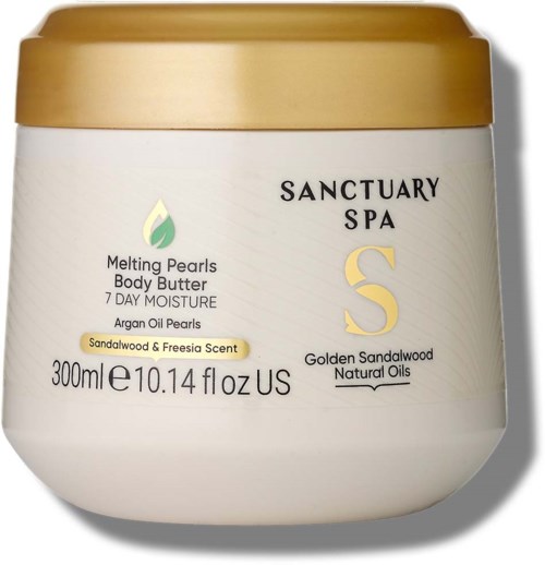 Behälter mit Sanctuary Spa Melting Pearls Body Butter mit Sandelholzduft und Arganöl-Perlen, 300 ml.