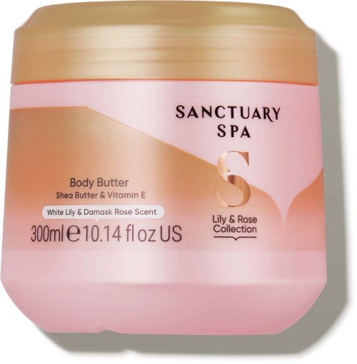 Eine rosa Dose Sanctuary Spa Körperbutter mit Lilie und Damaskrosenduft, 300 ml.