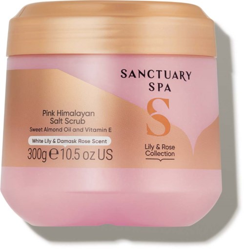 Roter Behälter mit Salzpeeling, Lilie- und Rosenduft, aus Lily & Rose Collection, Sanctuary Spa.