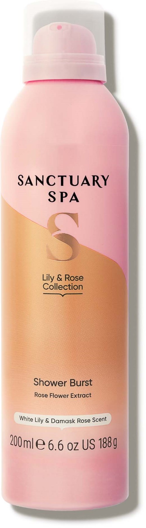 Pinkfarbene Duschgel-Flasche mit Label für Sanctuary Spa, Lily & Rose Collection, Rosen-Duft. 200ml.