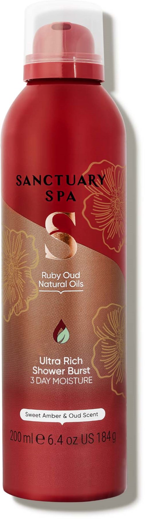 Eine rote Duschgel-Flasche mit Blumenmustern, gekennzeichnet als Sanctuary Spa, mit Duftdetails und Größe.