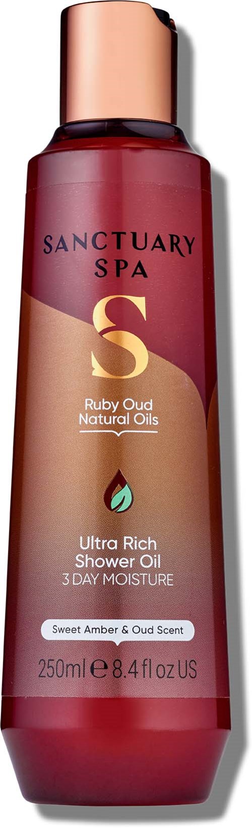Eine Flasche Sanctuary Spa Duschöl, rot mit goldener Kappe, mit Duft- und Feuchtigkeitsangaben.