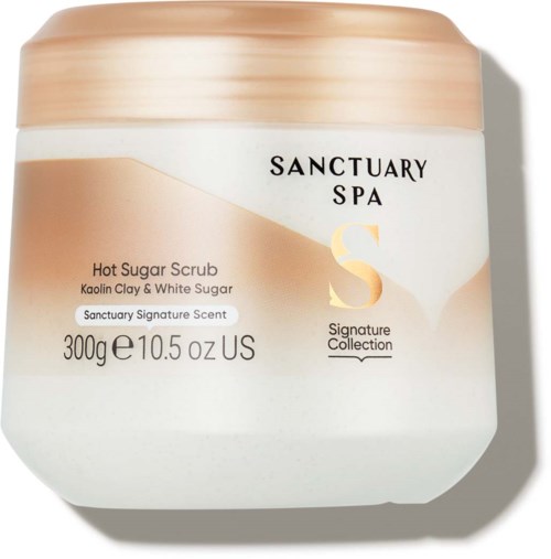 Behälter mit Sanctuary Spa Hot Sugar Scrub mit Kaolin-Ton und weißem Zucker, 300g, aus der Signature Collection.
