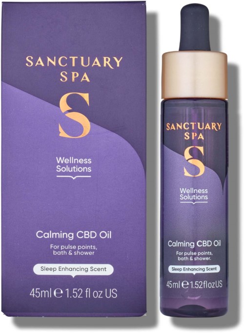 Beruhigende CBD-Öl für Pulspunkte, Bad und Dusche mit schlafförderndem Duft, 45 ml. Sanctuary Spa auf Karton und Flasche.