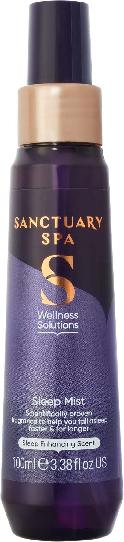 Kleine dunkelviolette Flasche mit beigem Deckel, beschriftet Sanctuary Spa Sleep Mist und Wellness Solutions.