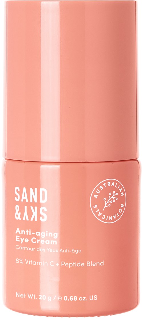 Eine rosa Flasche enthält Anti-Aging-Augencreme, mit Verpackung die Vitamin C und Peptide erwähnt.