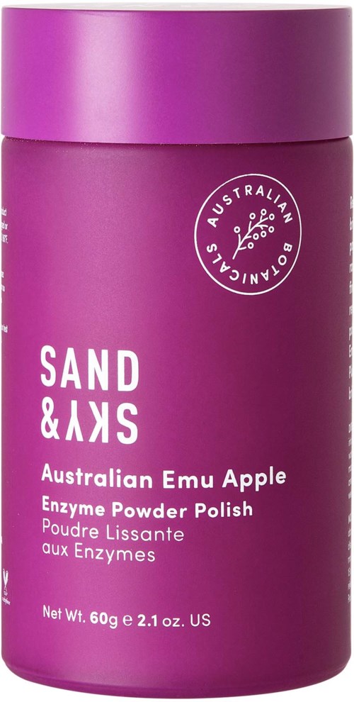 Ein lila Behälter für australisches Emu Apple Enzympulverpolitur mit Text und Logo.