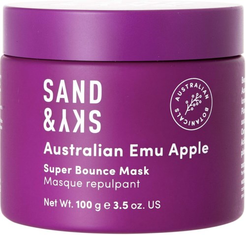 Ein lila Behälter mit Australian Emu Apple Super Bounce Mask, mit Textangabe von 100 Gramm.