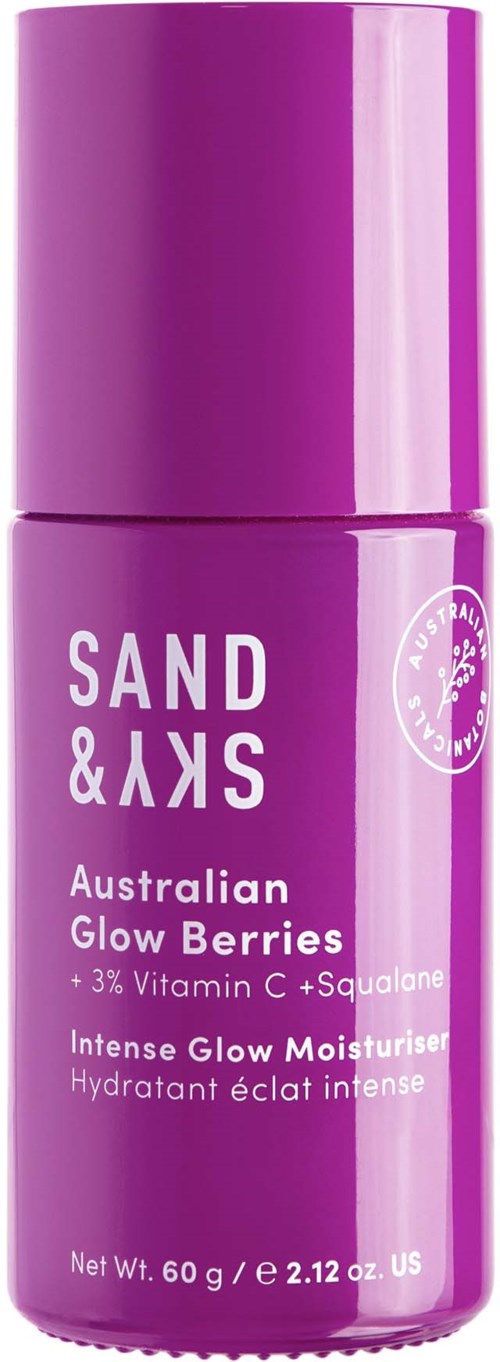 Eine lila Flasche Australian Glow Berries Feuchtigkeitscreme mit Vitamin C und Squalan, als intensiv und für strahlende Haut gekennzeichnet.