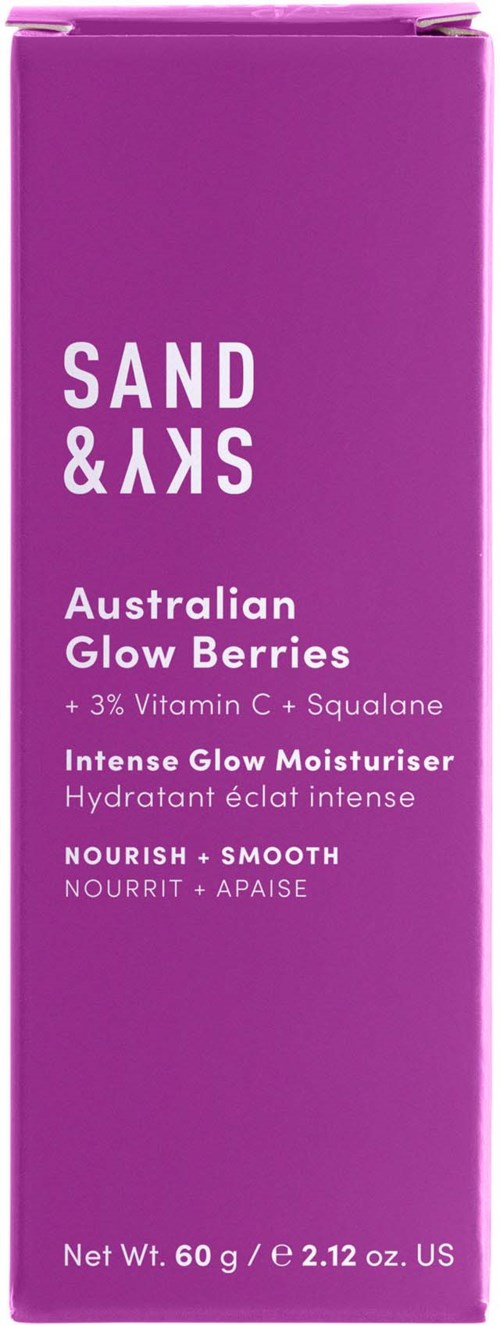 Eine lila Schachtel Sand & Sky Australian Glow Berries Feuchtigkeitscreme mit Vitamin C und Squalan.