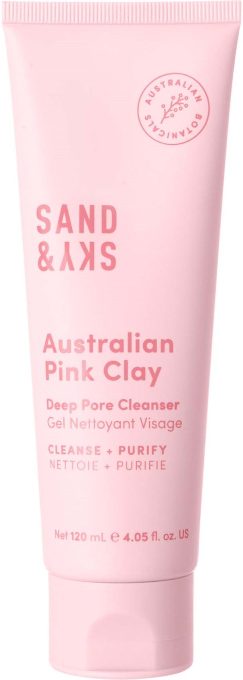 Eine rosa Tube mit Tiefenporenreiniger von Sand & Sky, genannt Australian Pink Clay.