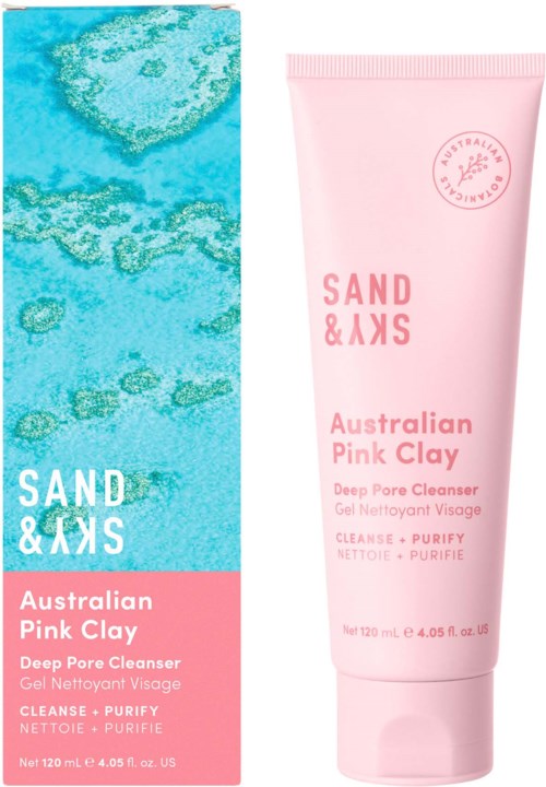 Pink und blaue Verpackung für einen tiefenreinigenden Gel namens Australian Pink Clay. Das Produkt ist in einer Tube, und die Box hat ein texturiertes blautes Design.