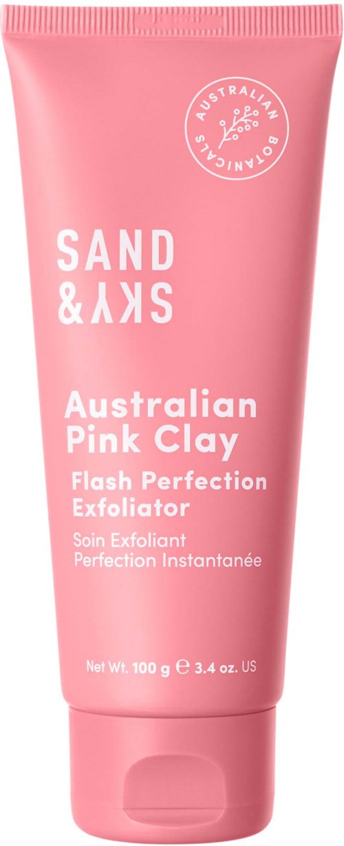 Ein rosa Tube mit der Aufschrift 'Sand & Sky Australian Pink Clay'. Es ist ein Hautpeeling. Blasen und Produkthinweise sind auf der Tube.