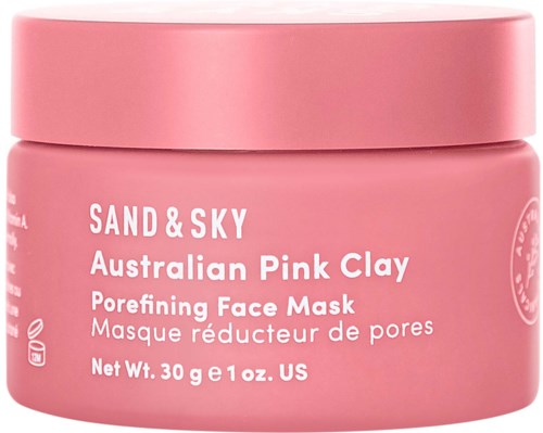 Ein rosa Behälter mit Sand & Sky Australian Pink Clay Porefining Face Mask.