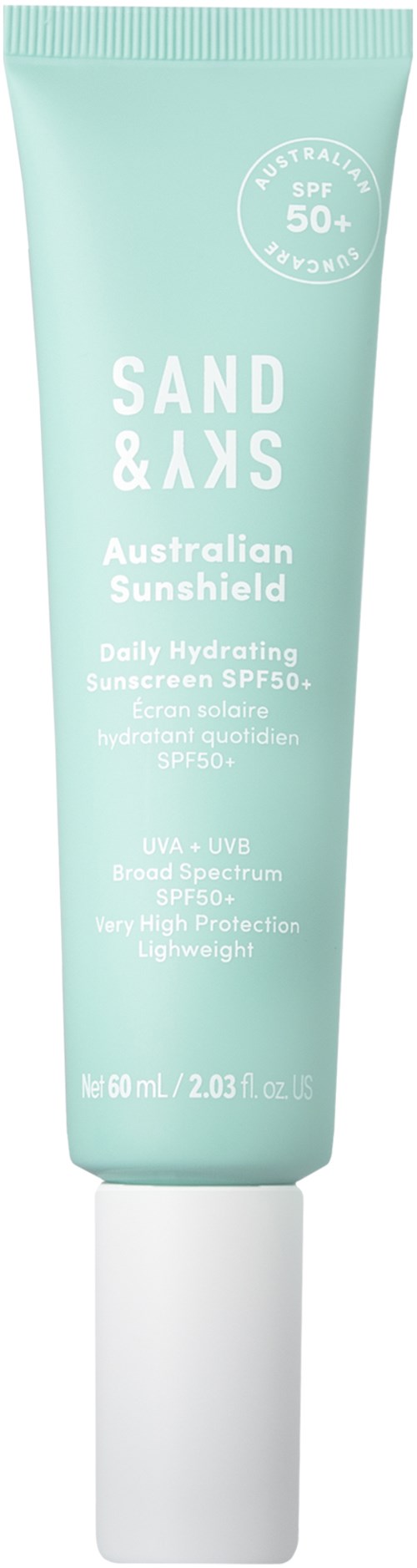 Eine mintgrüne Tube mit Sand & Sky Australian Sunshield Sonnencreme mit SPF 50+.