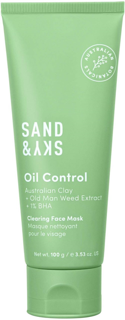 Eine grüne Tube mit Gesichtsmaske "Sand & Sky Oil Control" mit australischem Ton und altem Mann-Gras-Extrakt.