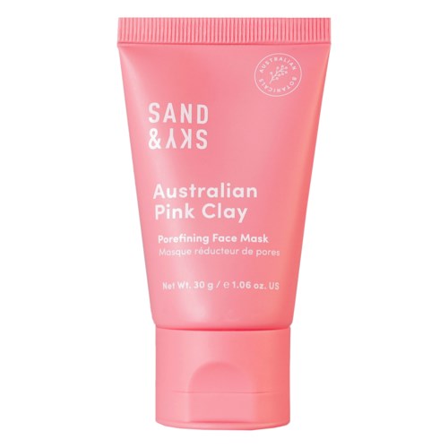 Rote Tube mit weißen Texten für Sand & Sky Australian Pink Clay Gesichtsmaske. Zeigt Name, Gewicht und Zweck.