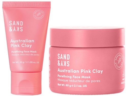 Rosa Tonmaske Tube und Dose mit weißen Text, gekennzeichnet als Australian Pink Clay für porenverkleinerung.