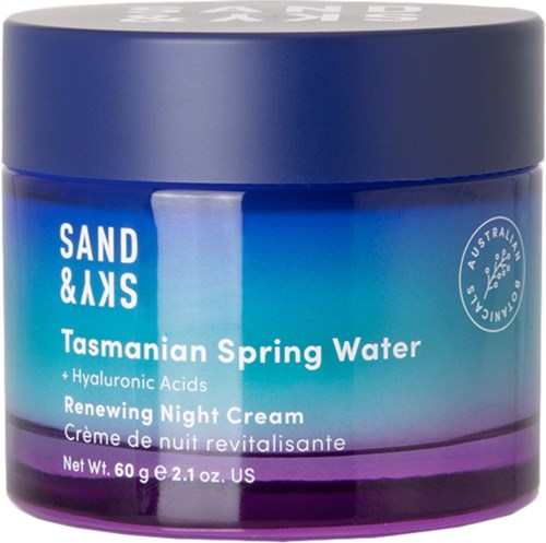 Ein blauer Behälter mit Nachtcreme, enthält Hyaluronsäure, von einer australischen Marke namens Tasmanian Spring Water.