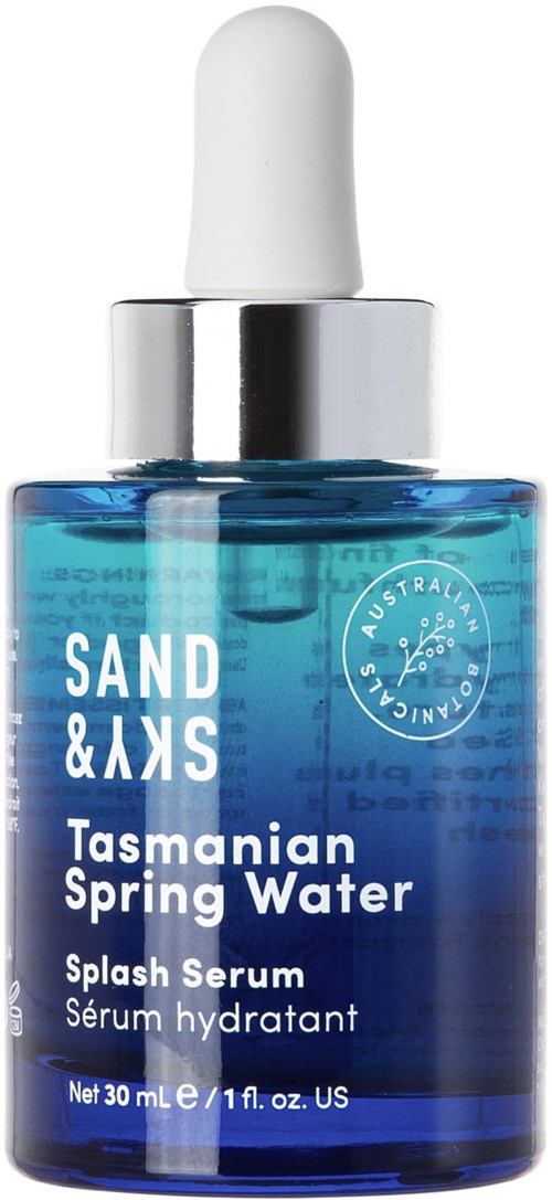 Eine blaue Glasflasche mit weißen Tropfenzylinder enthält Tasmanian Spring Water Splash Serum.