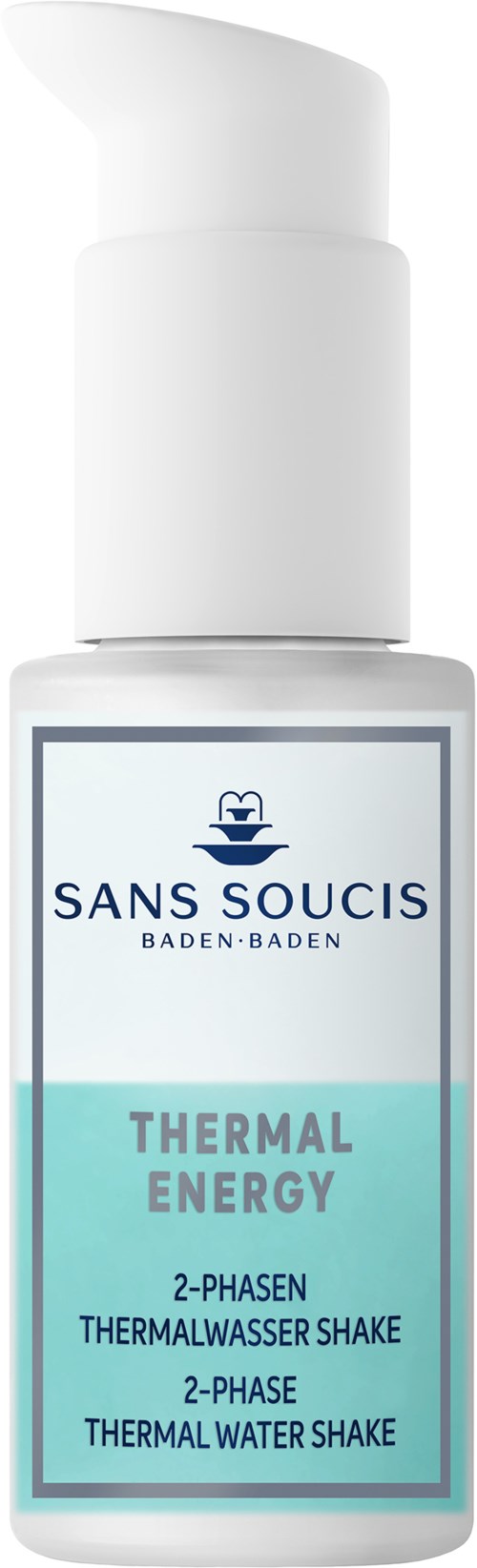 A white bottle with a blue label says "SANS SOUCIS" and "THERMAL ENERGY." It is a thermal water shake product.